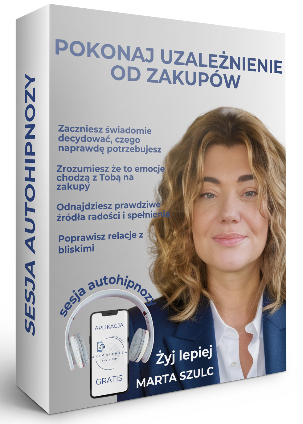 Kobieta trzymająca kartę i portfel, zatrzymana w refleksji – symbol kontroli i zmiany. Grafika sesji autohipnozy „Pokonaj uzależnienie od zakupów”.