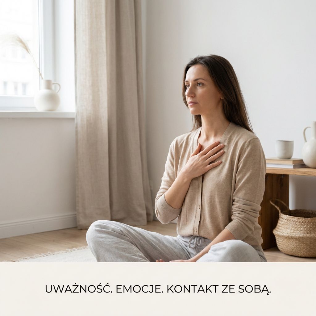 Kobieta siedzi przy oknie z dłonią na klatce piersiowej. Napis: Uważność. Emocje. Kontakt ze sobą.