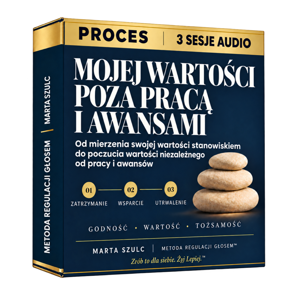 Granatowo-złote pudełko 3D „Proces mojej wartości poza pracą i awansami” Marty Szulc, trzy sesje głosowe. Od mierzenia swojej wartości stanowiskiem do poczucia wartości niezależnego od pracy i awansów.