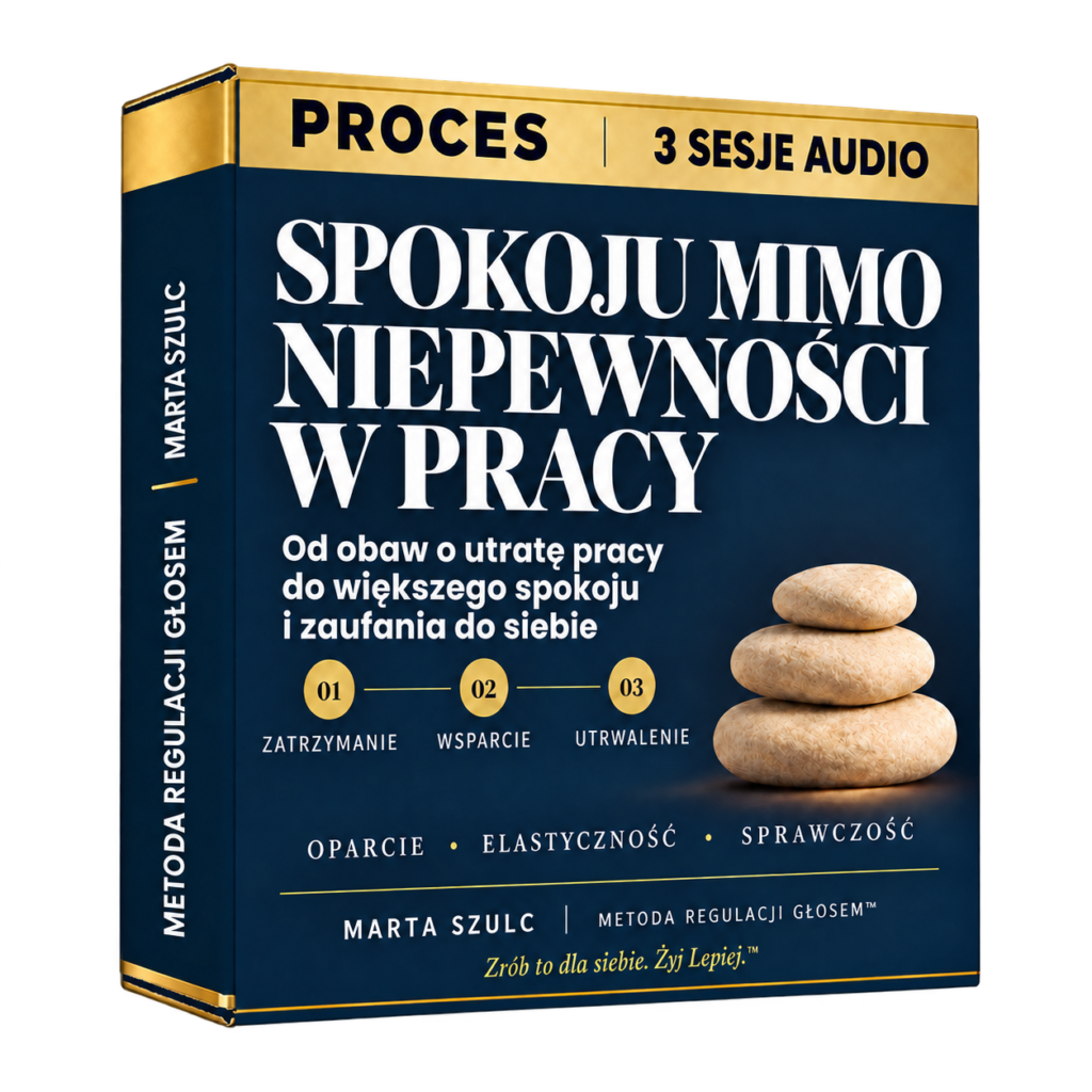 Granatowo-złote pudełko 3D „Proces spokoju mimo niepewności w pracy” Marty Szulc, trzy sesje głosowe. Od obaw o utratę pracy do większego spokoju i zaufania do siebie.