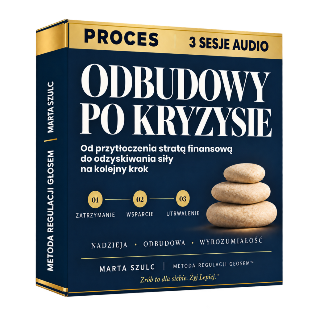 Granatowo-złote pudełko 3D „Proces Odbudowy po Kryzysie” Marty Szulc, trzy sesje głosowe. Od przytłoczenia stratą finansową do odzyskiwania siły na kolejny krok.