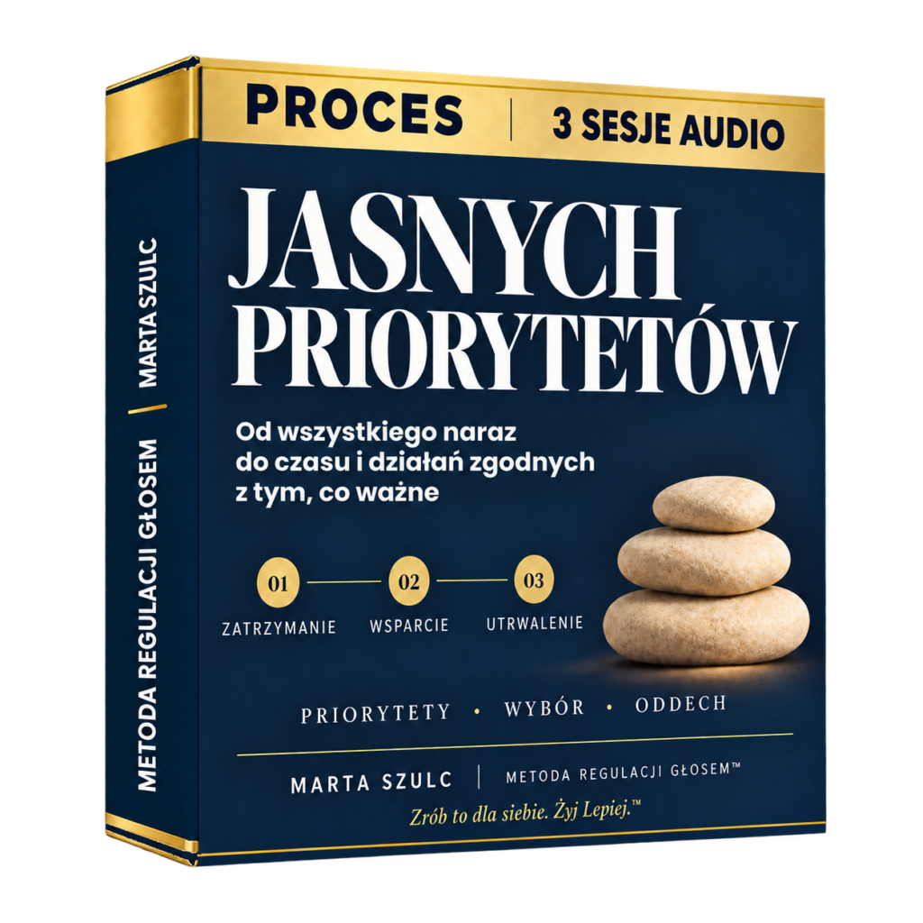 Granatowo-złote pudełko 3D „Proces Jasnych Priorytetów” Marty Szulc, trzy sesje głosowe. Od wszystkiego naraz do czasu i działań zgodnych z tym, co ważne.