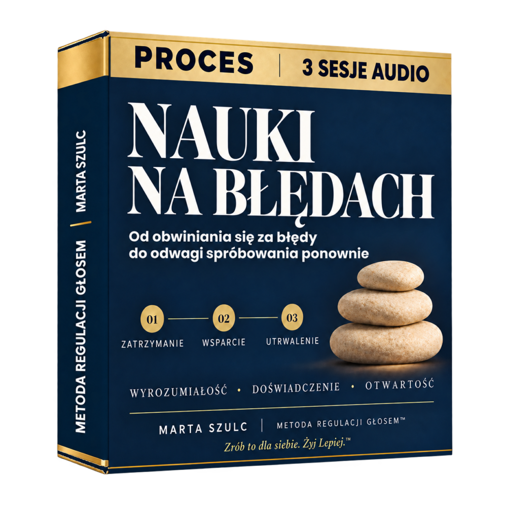Granatowo-złote pudełko 3D „Proces Nauki na Błędach” Marty Szulc, trzy sesje głosowe. Od obwiniania się za błędy do odwagi spróbowania ponownie.