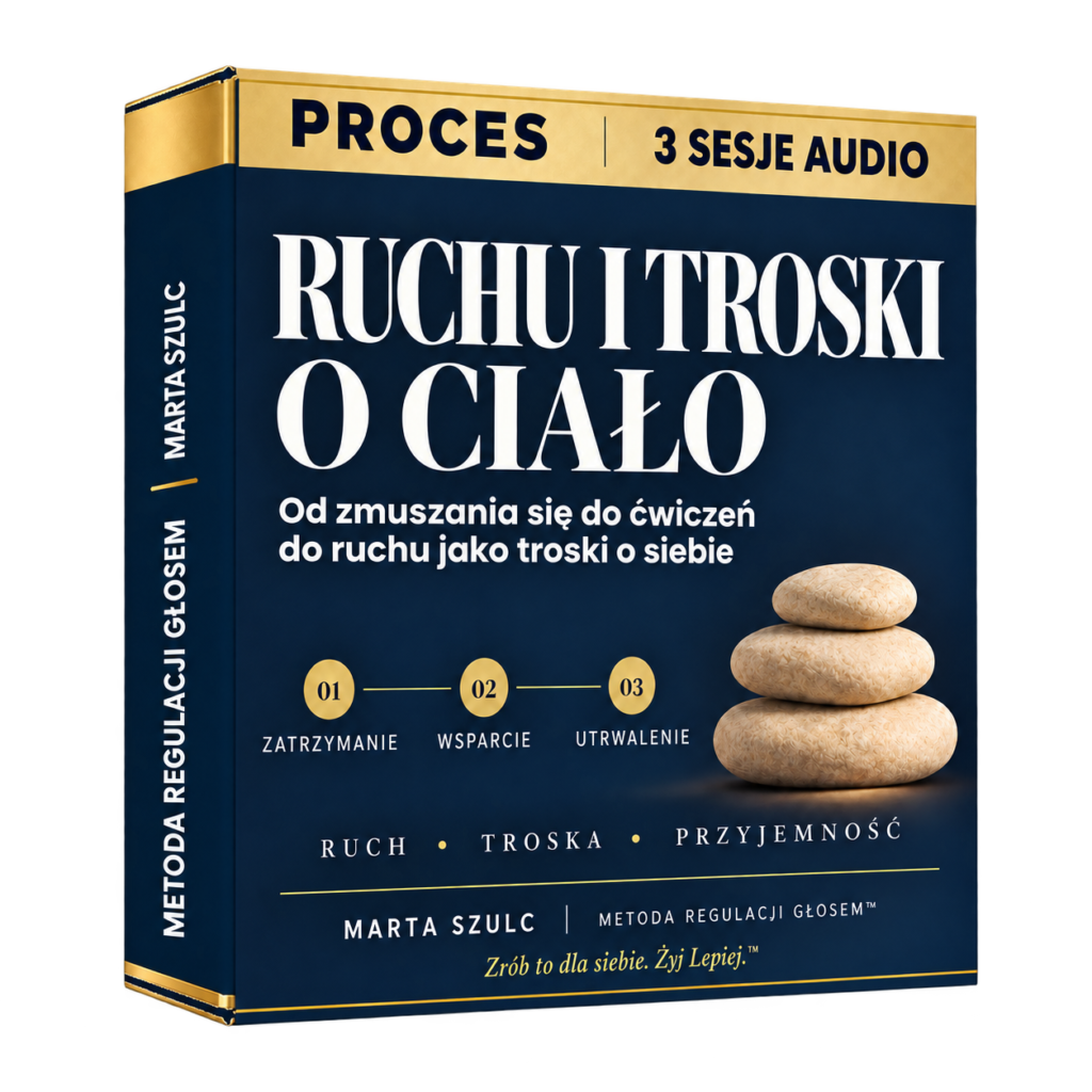 Granatowo-złote pudełko 3D „Proces Ruchu i Troski o Ciało” Marty Szulc, trzy sesje głosowe. Od zmuszania się do ćwiczeń do ruchu jako troski o siebie.