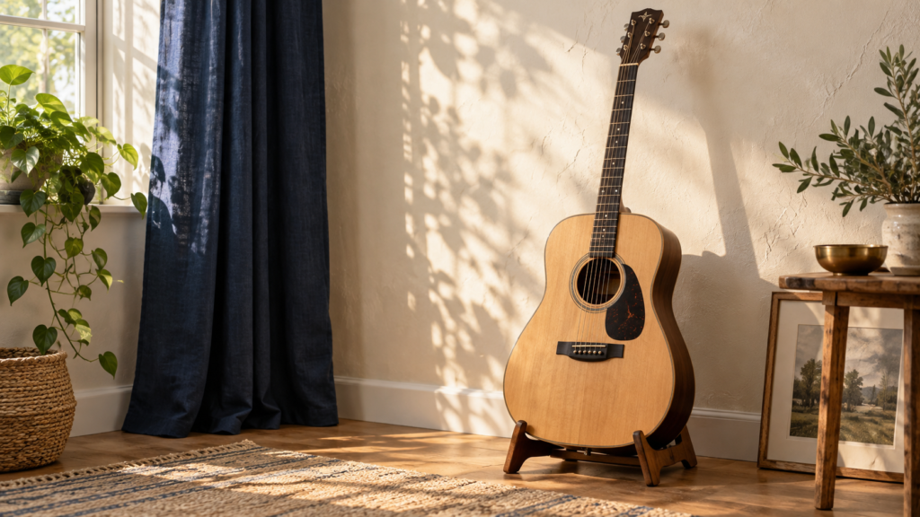 Gitara akustyczna na drewnianym stojaku przy jasnej ścianie i granatowej zasłonie.