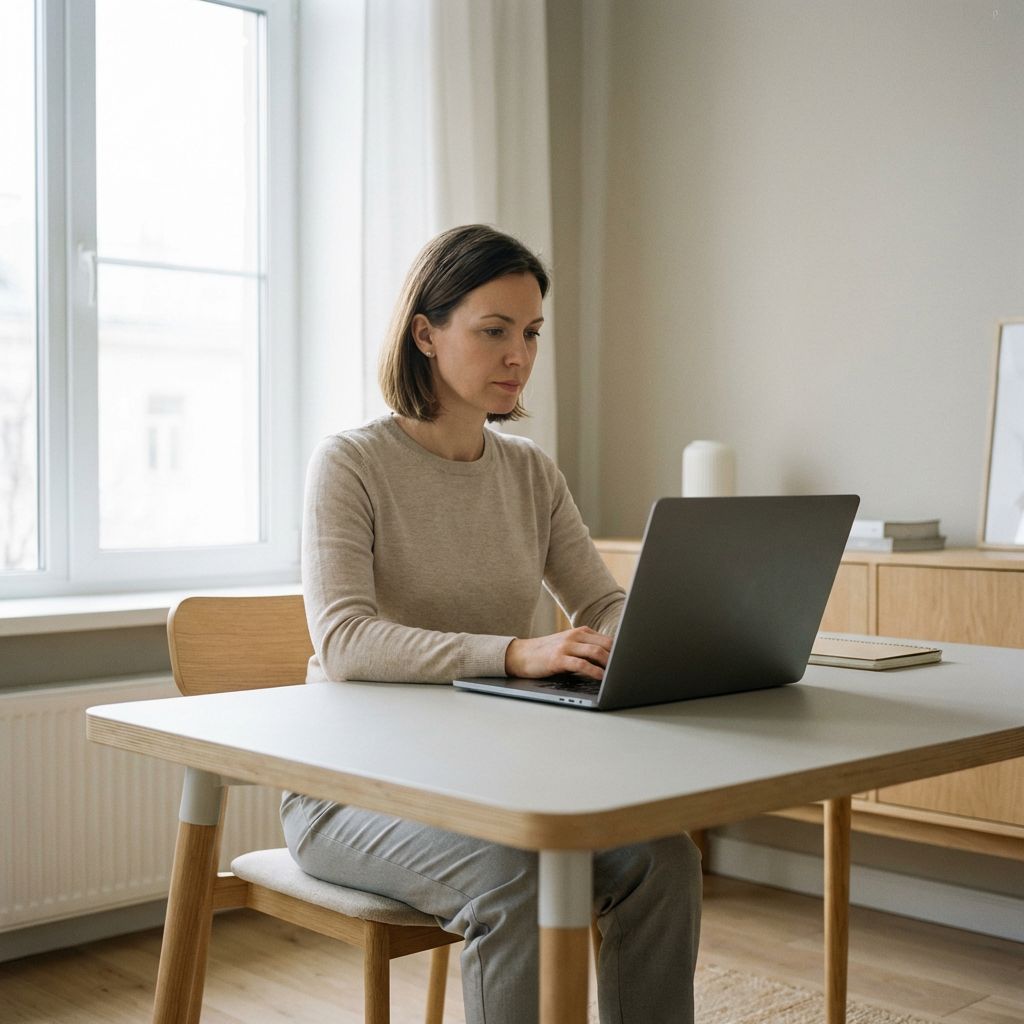 Kobieta pracująca na laptopie przy uporządkowanym biurku